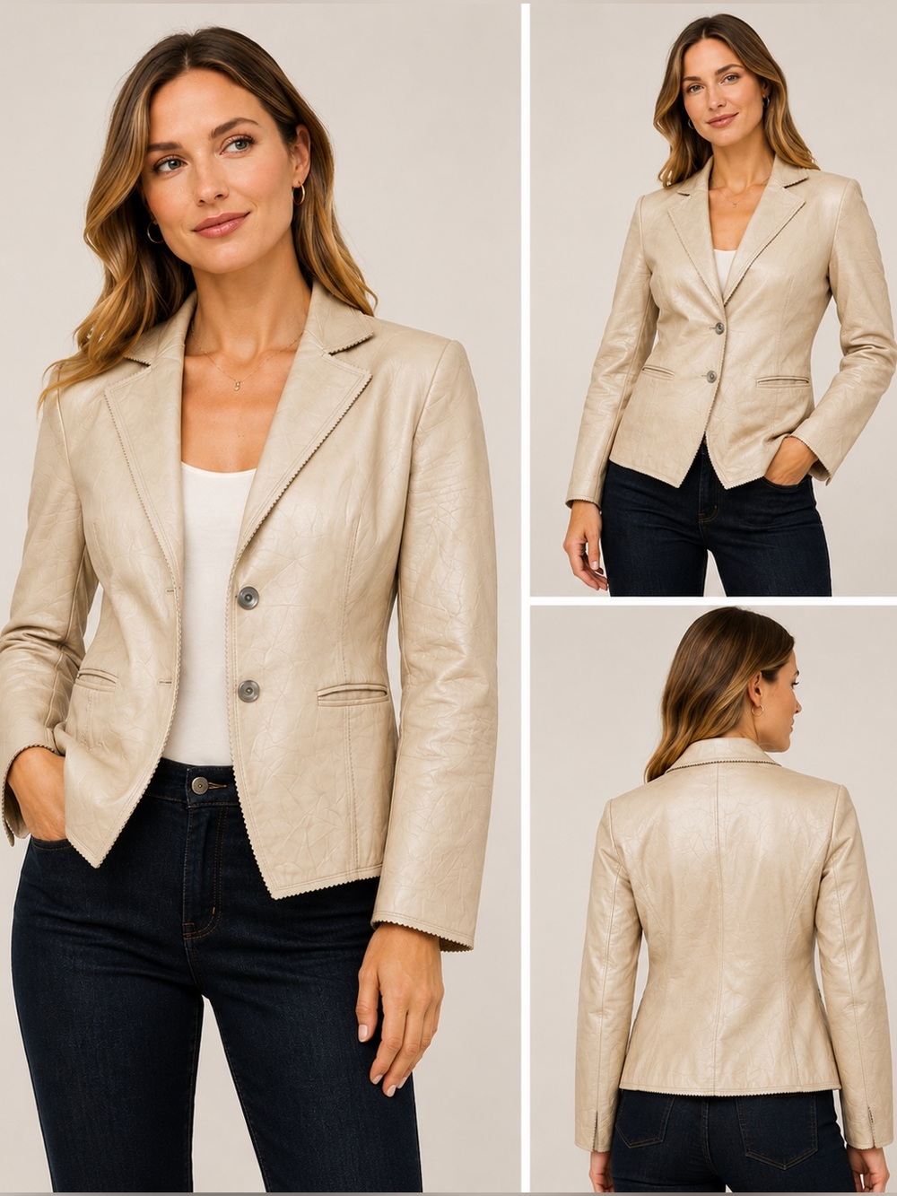 Anne Klein Cream GENUINE Leather Two-Button Blazer
